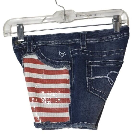 Justice Girls Denim Shorts 14S American Flag Sequin Festive Holiday Frayed Hem - Picture 2 of 7